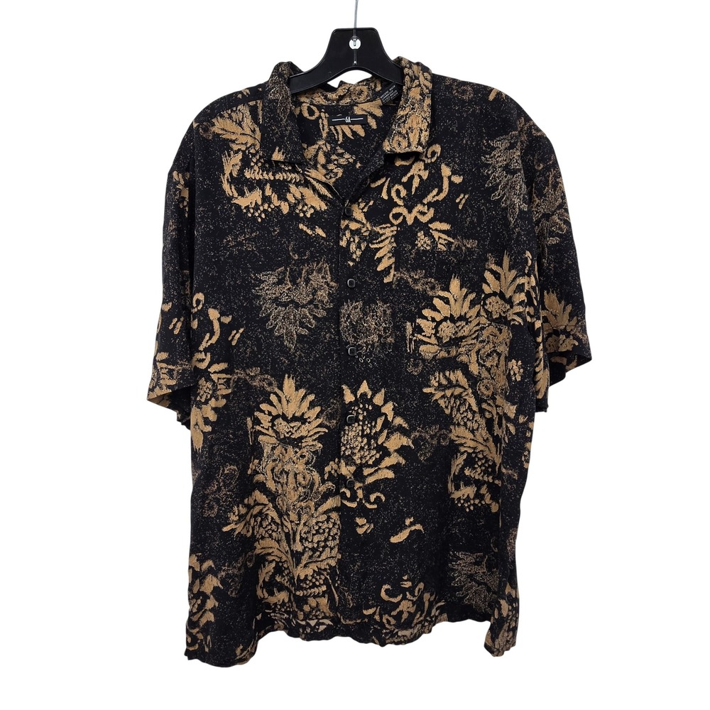 Vintage 100% Silk Camp Shirt Mens Large Black Gold  Floral Damask  Aloha Luxury